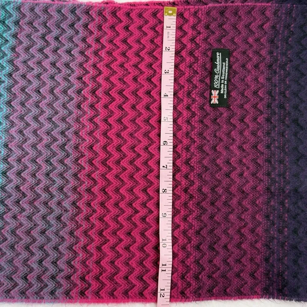 Scottish 100% Cashmere Zig Zag Scarf 70x12 Made In Scotland Pink Blue Purple